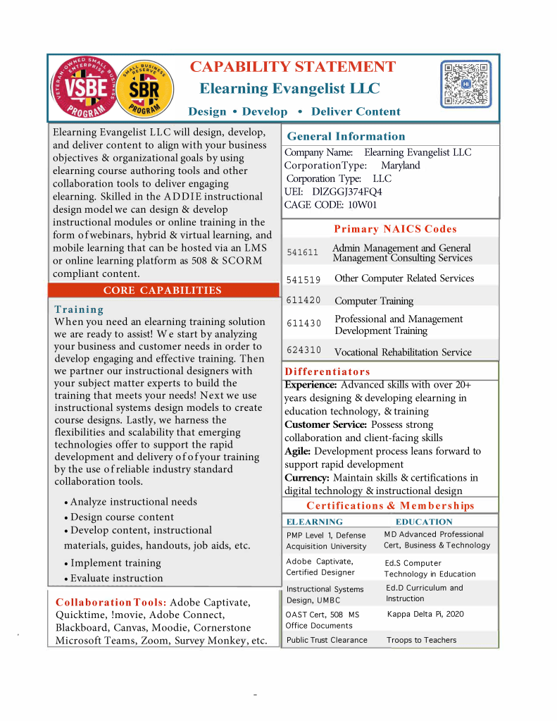 Capability Statement defining the capabilities of Elearning Evanagelist LLC in the field of training using Adobe Captivate as the authoring tool.